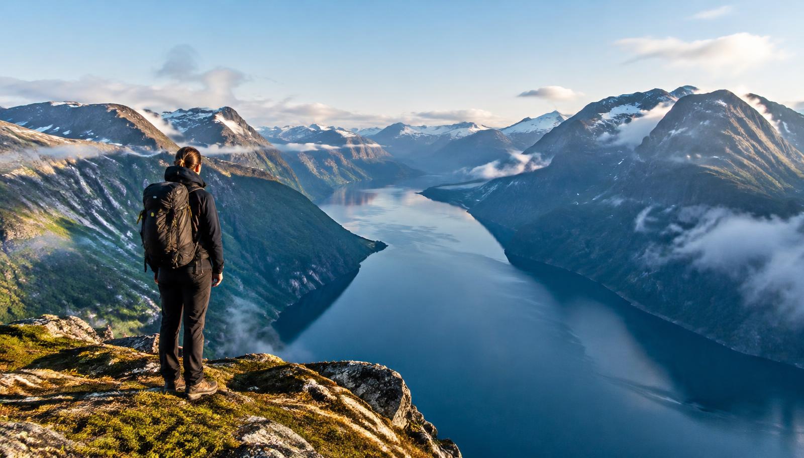 Hiker above a Norwegian fjord